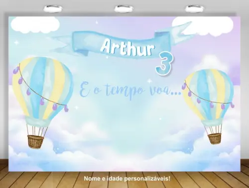 Painel De Festa Balão Quente Arco-íris Céu Aquarelado