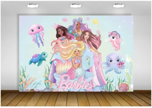 Painel de Festa Barbie Sereias Fundo do Mar 1,50x1m