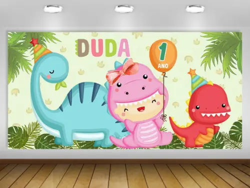 Painel de festa Dinossauro Amigo Rosa Menina