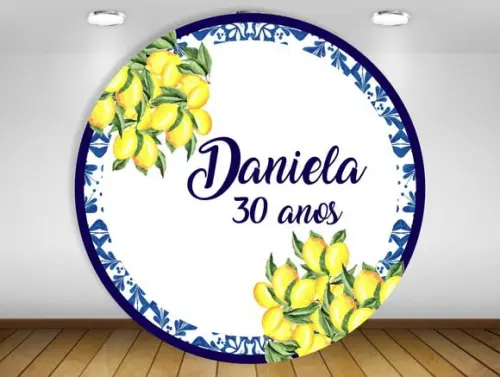 Painel de Festa Floral Azul com Amarelo e Limão Siciliano