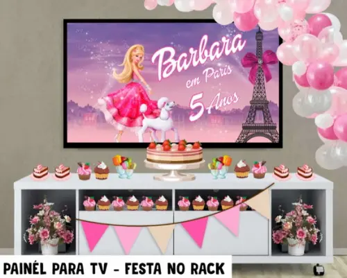 Painel de Festa para TV Barbie Festa no Rack - Digital