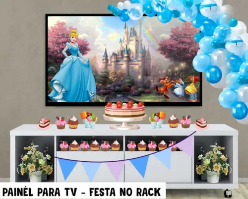 Painel de Festa para TV Cinderela Festa no Rack - Digital