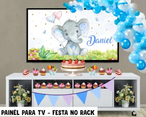 Painel de Festa para TV Elefantinho Festa no Rack - Digital