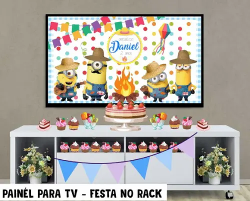 Painel de Festa para TV Minions Festa no Rack - Digital