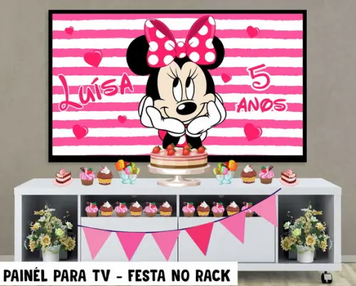 Painel de Festa para TV Minnie Festa no Rack - Digital