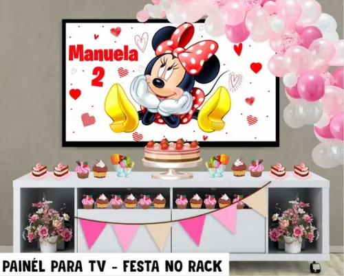 Painel de Festa para TV Minnie Festa no Rack - Digital