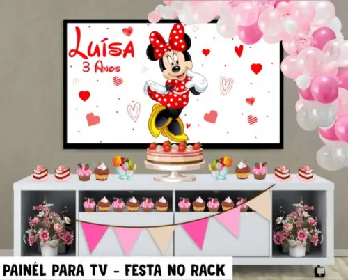 Painel de Festa para TV Minnie Festa no Rack - Digital