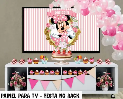 Painel de Festa para TV Minnie Rosa Festa no Rack - Digital