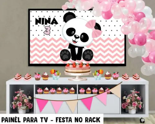 Painel de Festa para TV Panda rosa Festa no Rack - Digital