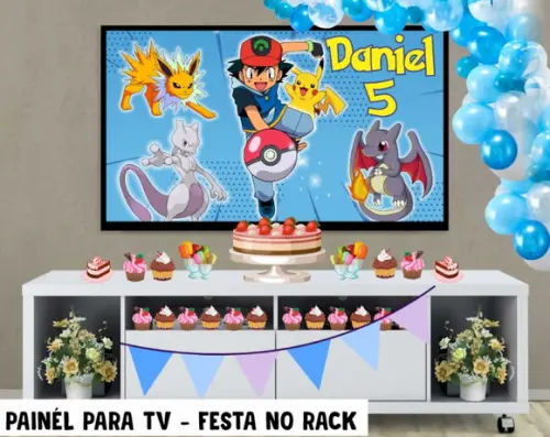 Painel de Festa para TV Pokémon Festa no Rack - Digital