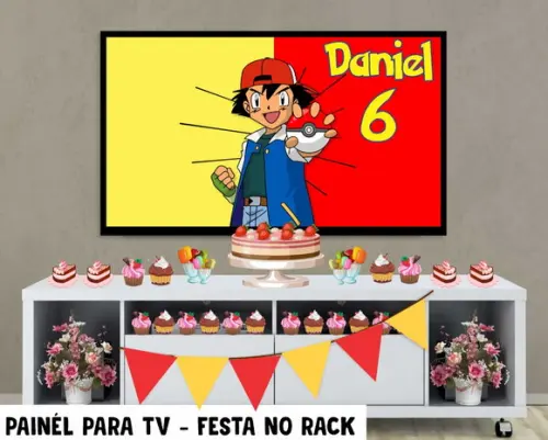 Painel de Festa para TV Pokémon Festa no Rack - Digital