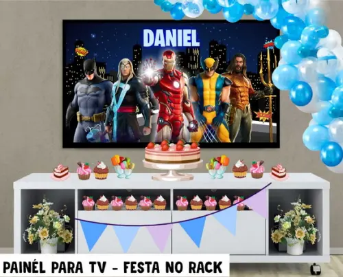 Painel de Festa para TV Super heróis Festa no Rack - Digital