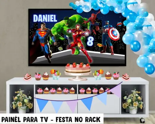 Painel de Festa para TV Super heróis Festa no Rack - Digital