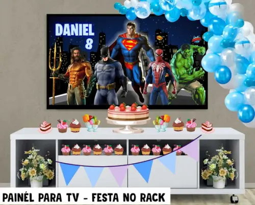 Painel de Festa para TV Super heróis Festa no Rack - Digital