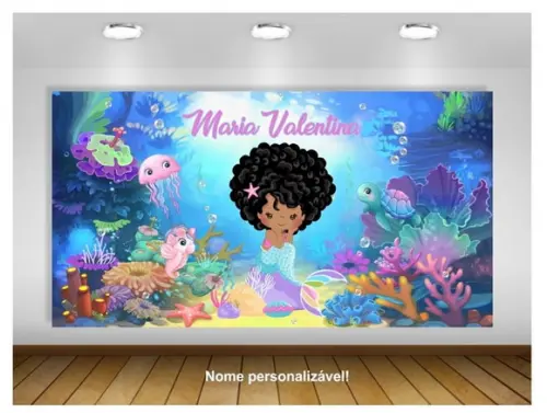 Painel de Festa Sereia Black Sereia Afro Baby 1,50x1m