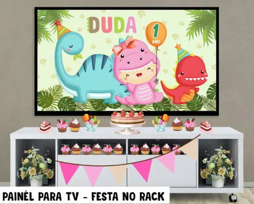 Painel Dinossauro Amigo Rosa Menina para TV Festa no Rack
