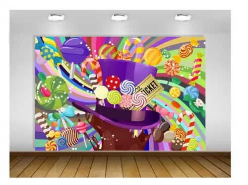 Painel Fábrica de Chocolate Wonka Chapéu Roxo 2,20x1m