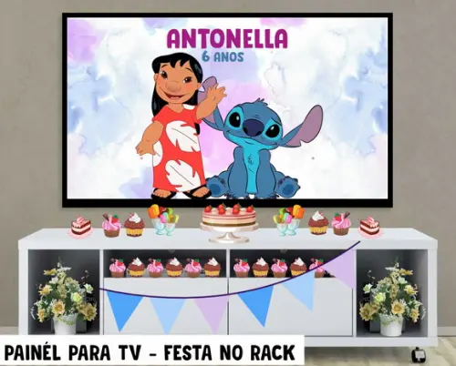 Painel Lilo e Stitch para Tv Festa no Rack