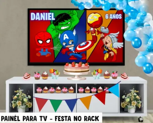 Painel para TV Super heróis bebê Festa no Rack - Digital