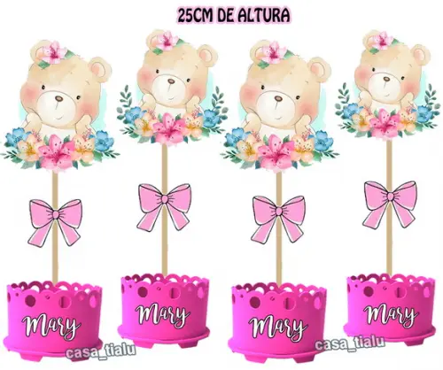 Enfeite de Mesa Ursinha Princesa Lacinho Rosa Cha de Bebe