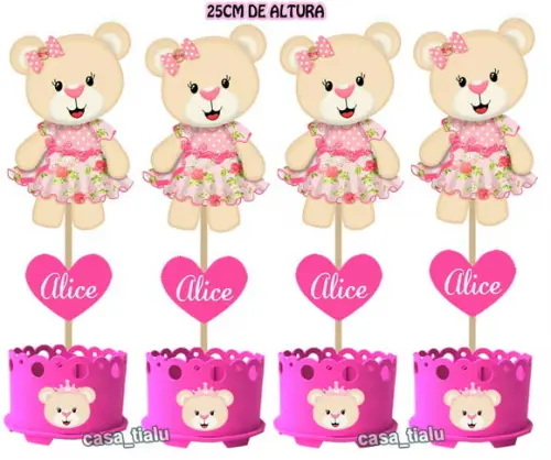 Enfeite de Mesa Ursinha Princesa Lacinho Rosa Cha de Bebe