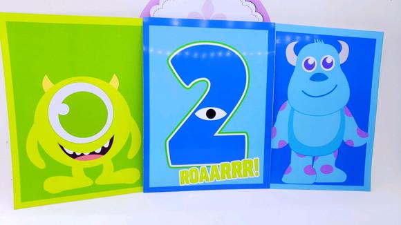 Decoração Monstros S.a com Bandeirola e 3 Quadros