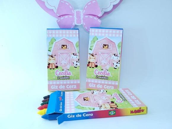 Giz de Cera 6 Cores Personalizado Fazendinha Rosa Aquarela