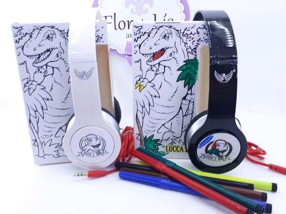 Headphone Fone de Ouvido para Colorir Dinossauro com Caixa