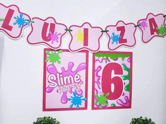 Kit de Parede Festa em Slime Menina com Bandeirola