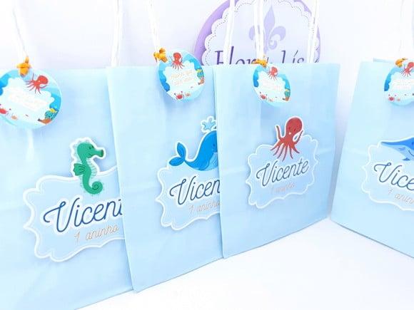 Sacolinha Fundo do Mar Aquarela Personalizada 16cm