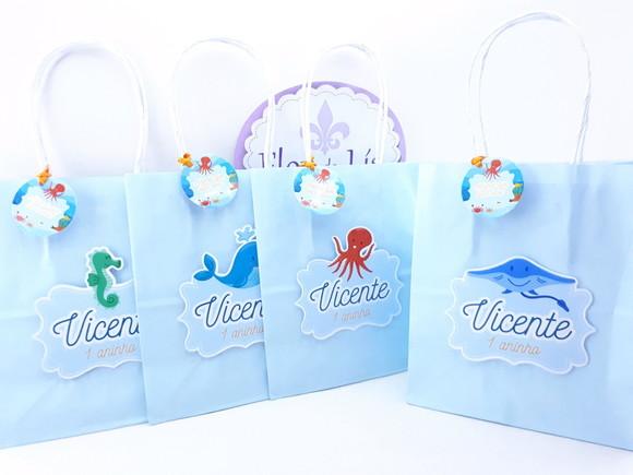 Sacolinha Fundo do Mar Aquarela Personalizada 16cm