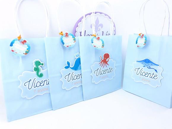 Sacolinha Fundo do Mar Aquarela Personalizada 16cm