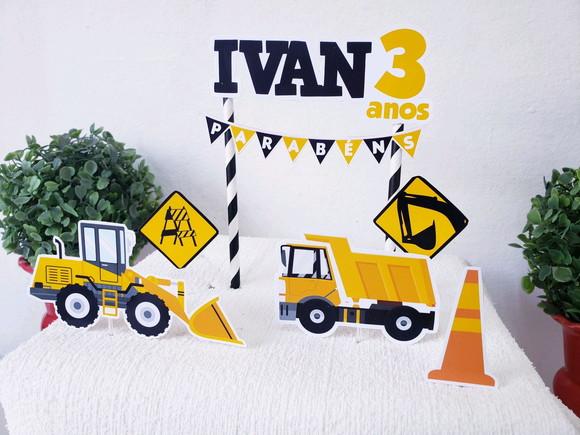 Topo de Bolo Tratores e Obras Festa de Menino
