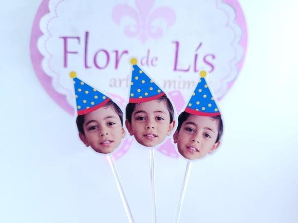 Topper de Doce Rostinho do Bebê Azul com Foto e Chapeuzinho