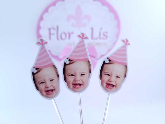 Topper de Doce Rostinho Rosa Claro com Foto e Chapeuzinho