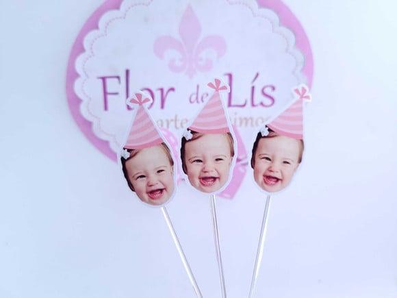 Topper de Doce Rostinho Rosa Claro com Foto e Chapeuzinho