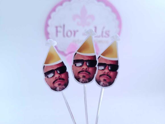 Topper de Doce Rosto Adulto com Foto Divertida Dourado