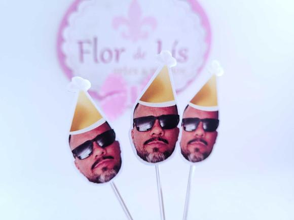 Topper de Doce Rosto Adulto com Foto Divertida Dourado