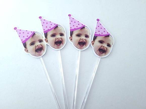 Topper de Doces Rosto do Bebê com Foto e Chapéu