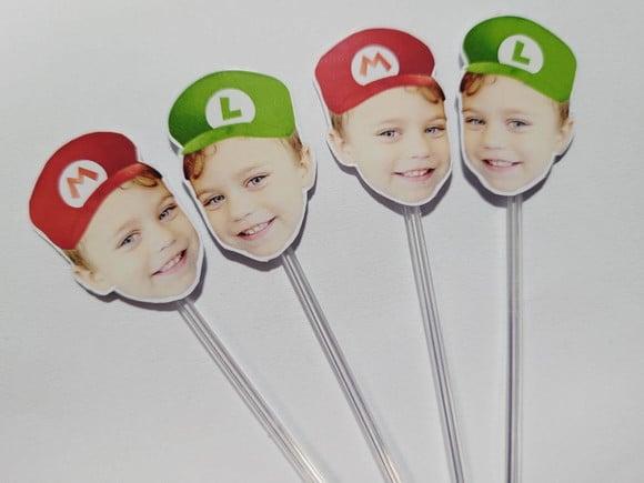 Topper de Docinho Rostinho Mario e Lu com Foto e Chapeuzinho