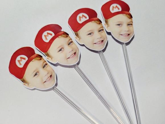 Topper de Docinho Rostinho Mario Bros com Foto e Chapeuzinho