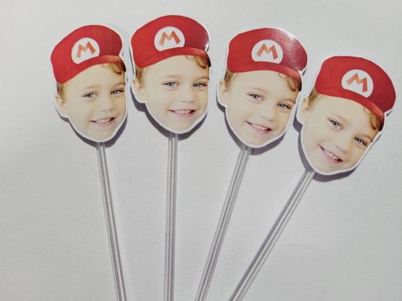 Topper de Docinho Rostinho Mario Bros com Foto e Chapeuzinho