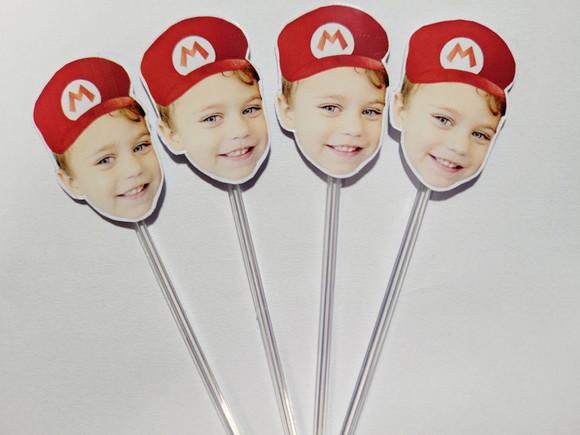 Topper de Docinho Rostinho Mario Bros com Foto e Chapeuzinho