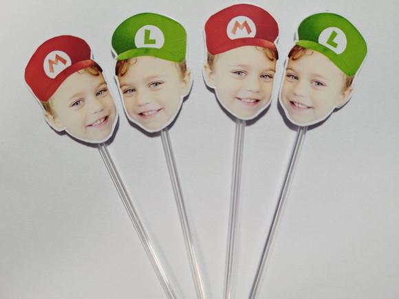 Topper de Docinho Rostinho Mario e Lu com Foto e Chapeuzinho