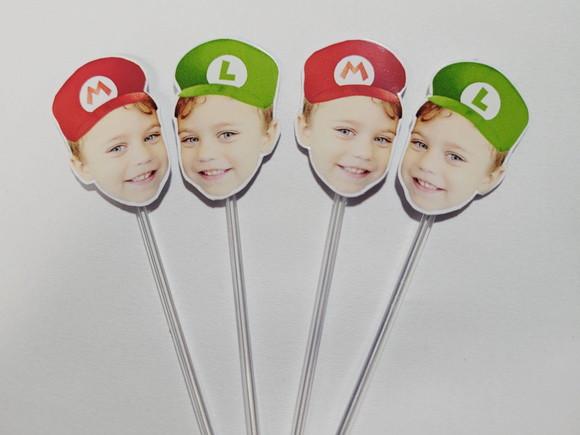 Topper de Docinho Rostinho Mario e Lu com Foto e Chapeuzinho