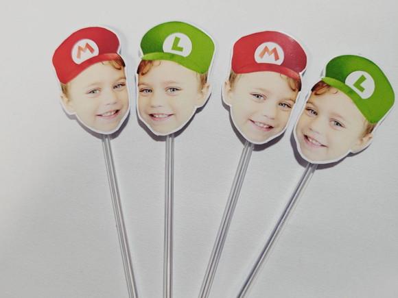 Topper de Docinho Rostinho Mario e Lu com Foto e Chapeuzinho