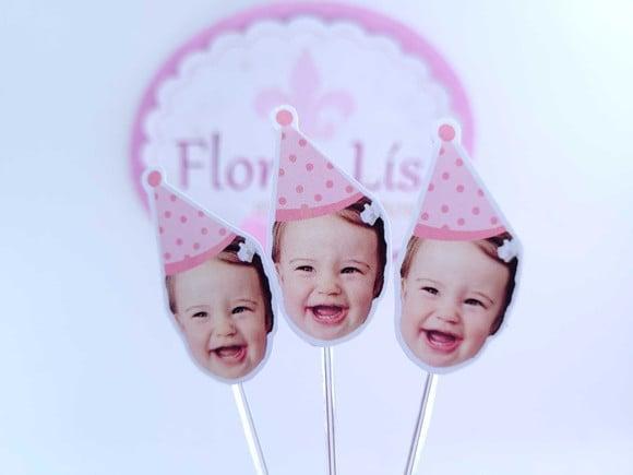 Topper de Docinho Rostinho Rosa com Foto e Chapeuzinho