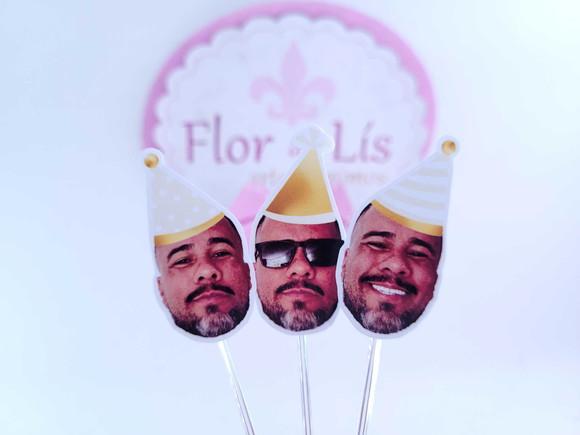 Topper de Docinho Rosto Adulto com Foto Bege e Dourado