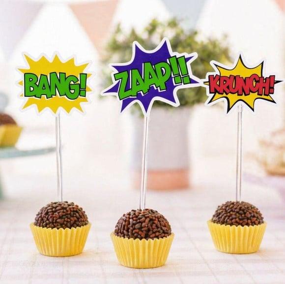 Toppers Docinho Brigadeiro Onomatopéias Festa Super Heróis