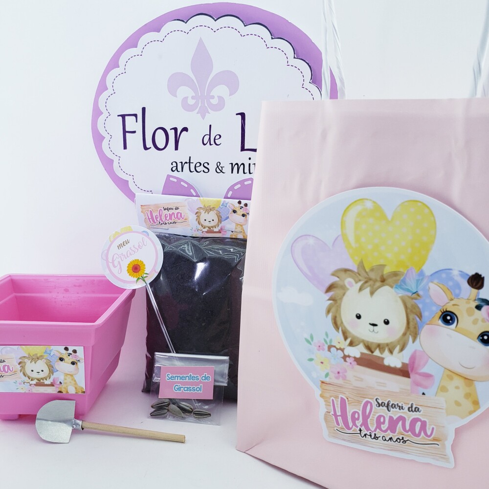 Kit Plantação Safari Rosa Aquarela Menina Jardim com Sacola